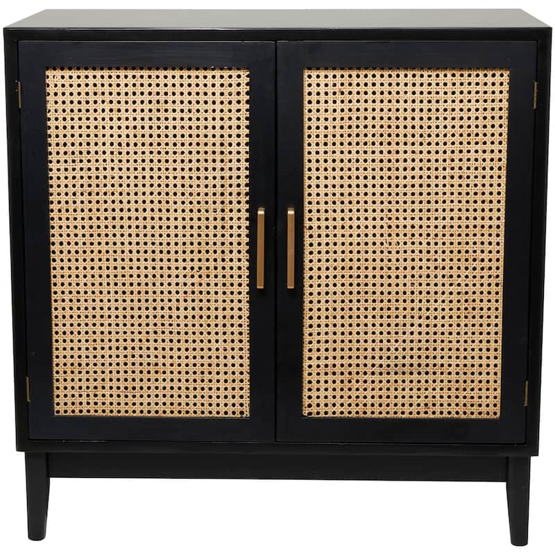Wood 2 Door Cabinet with Beige Rattan Doors and Gold Handles - Light Brown or or Black - Roche River Decor