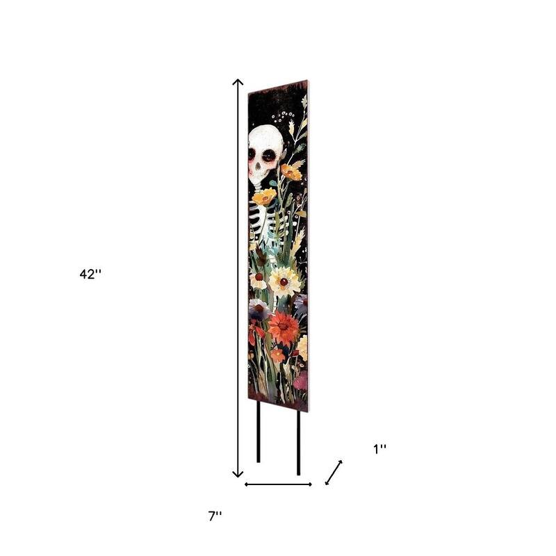 HomeRoots 42" Black White And Orange Solid Wood Halloween Skeleton Garden Stake