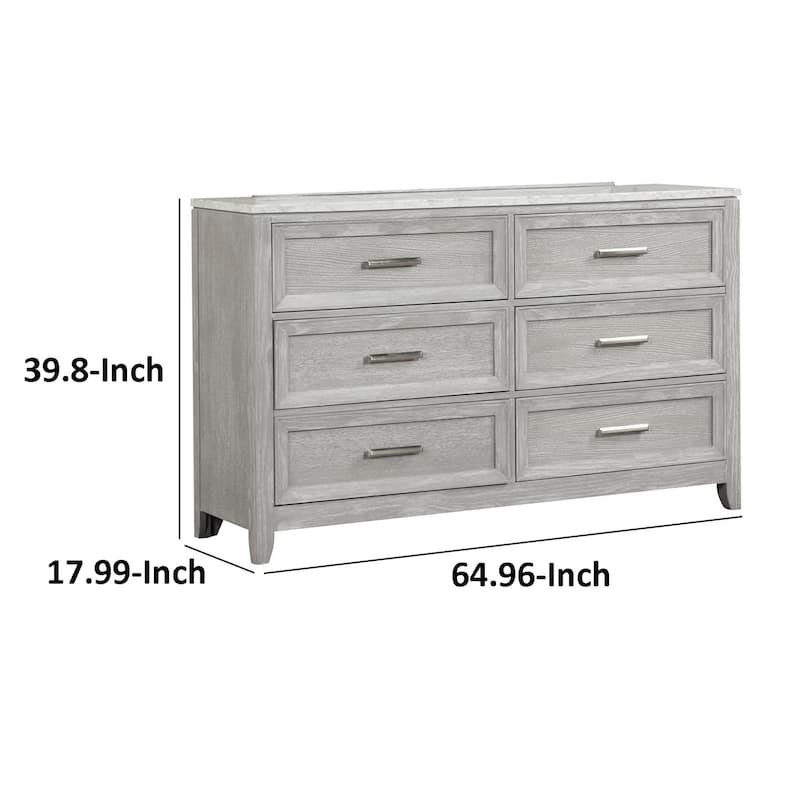 Ion 65 Inch Wide Dresser, 6 Drawers, White Marble Top, Farmhouse Gray Wood
