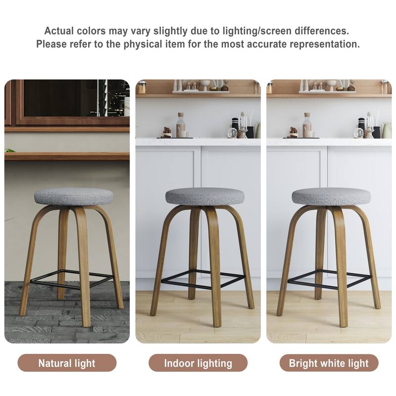 Swivel Bar Stools Set of 2, Counter Height Backless 26″Bar Stool, Fabric Upholstered Seat, Sturdy Wood Legs and Metal Footrest