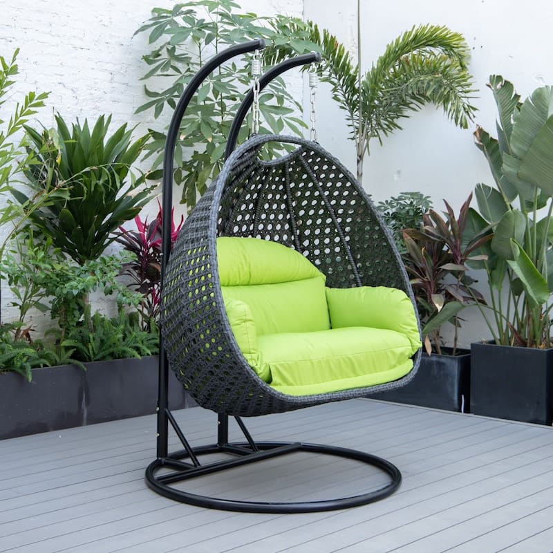Patio 2-Person Hanging Egg Swing Chair Charcoal Wicker and Iron Frame Breathable Removable Cushion Covers by LeisureMod
