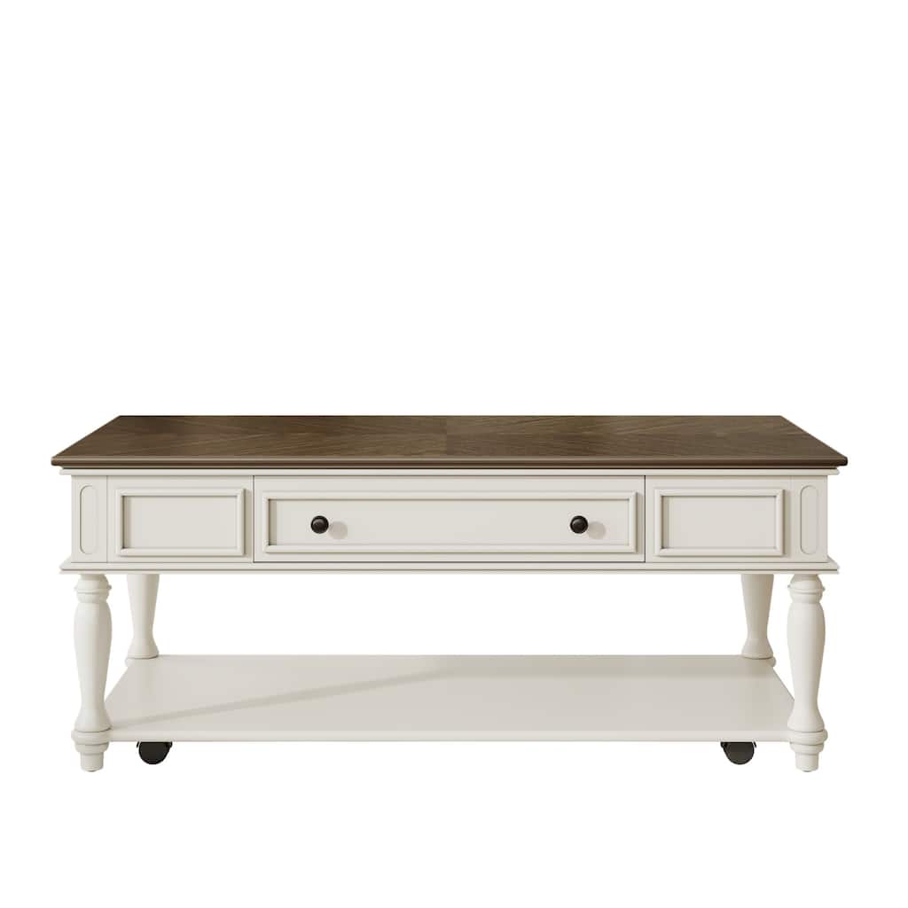 Farmhouse Coffee Table with One Drawer and Lockable Wheels, Retro Center Table - 47.2" W × 23.6" D × 19.6" H
