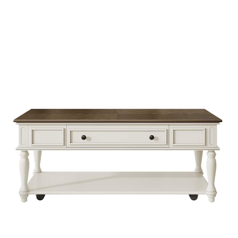 Mid-Century Coffee Table with Drawer, Retro Rectangular Cocktail Table with Lockable Wheels, Storage Shelf for Living Room