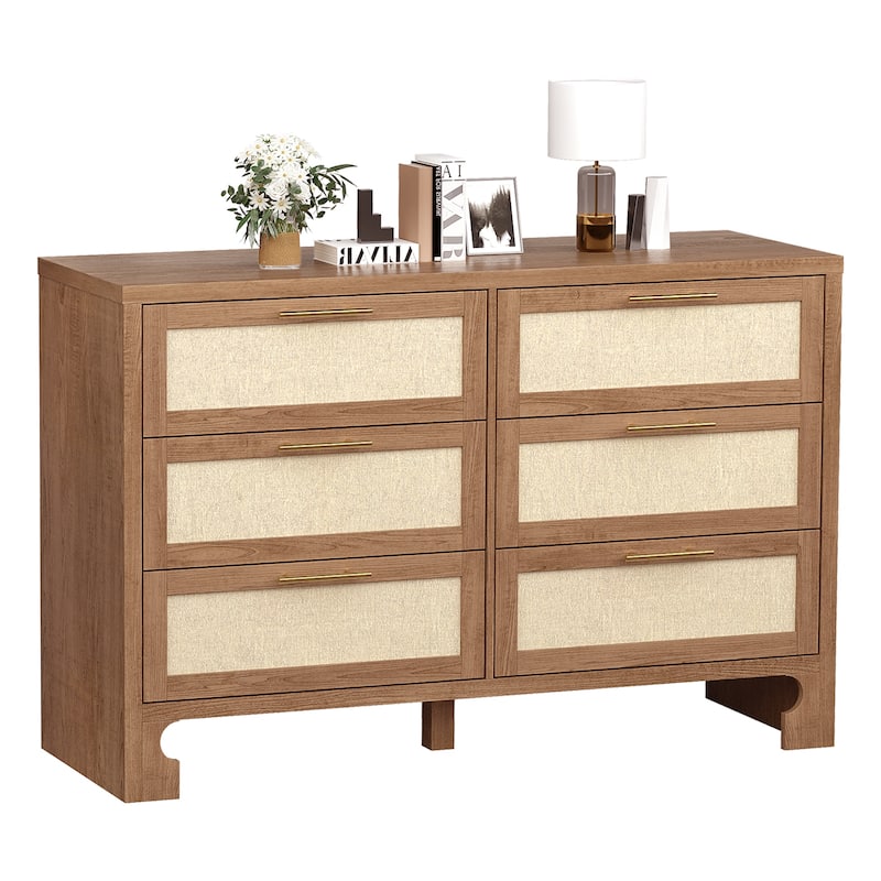 6 Drawers Dresser for Bedroom，Wooden Burlap Design Dressers