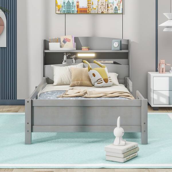 slide 2 of 32, Wooden Platform Bedframe with Built-in LED Light & Storage Headboard Antique Gray - Twin