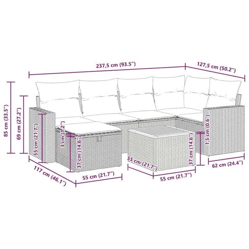 vidaXL Garden Sofa Set Black and Cream White - 21.7 x 21.7 x 14.6 in