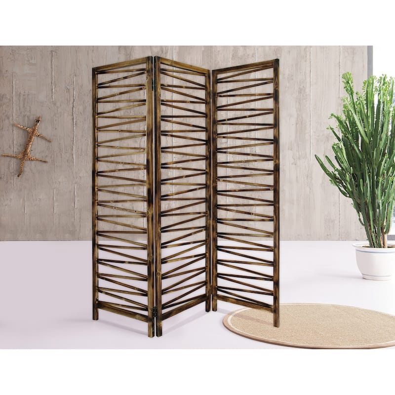Rustic Geo Design Wood Three Panel Room Divider Screen Bed Bath