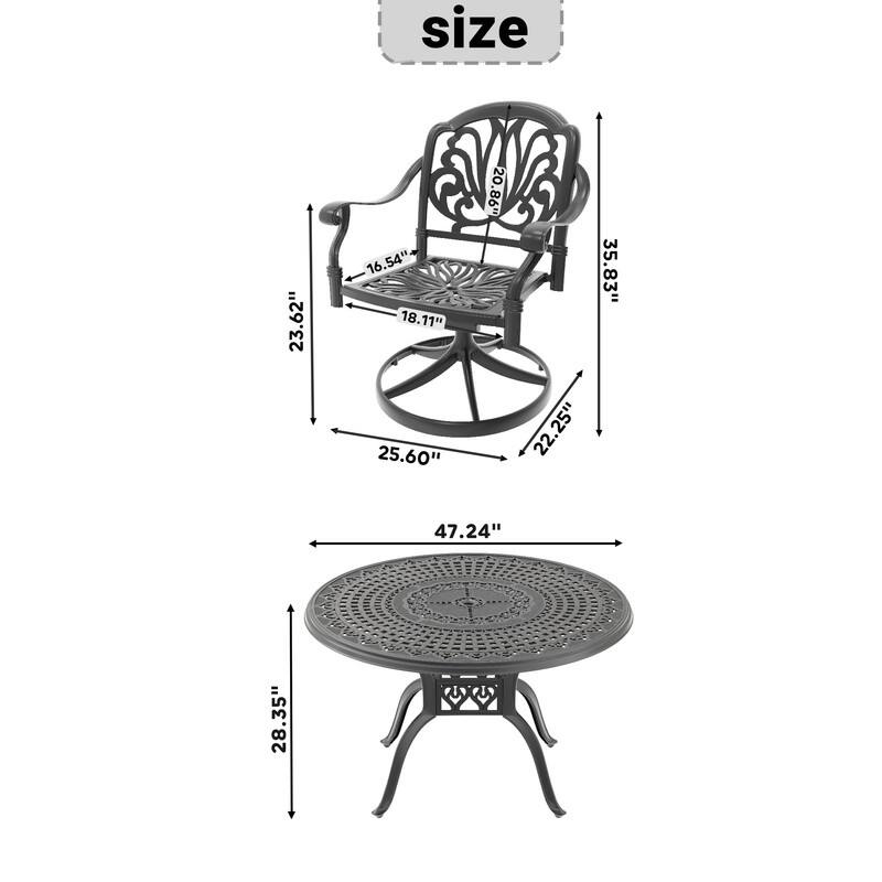 5-Piece Aluminum Round Outdoor Patio Dining Set, 4 Cushioned Swivel Chairs, Table, All-Weather Frames