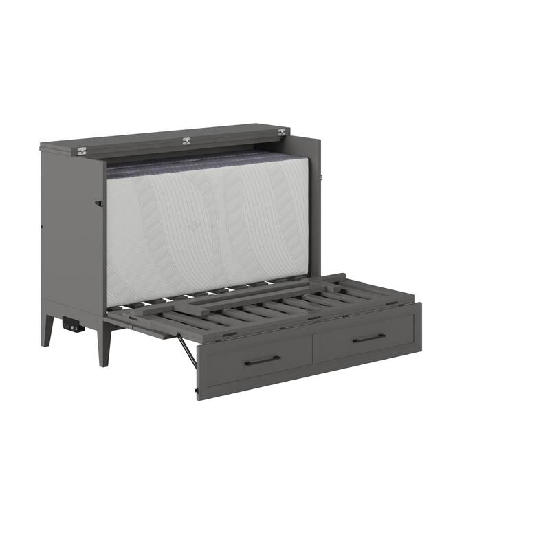 Full Murphy Bed Chest with Mattress & USB Charger - Space Saving Bed, Grey Finish - Renaissance Revival