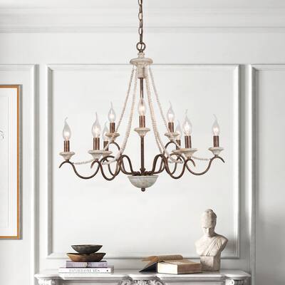 Farmhouse 9-Light French Country Wood Chandelier for Dining Room - D26.5"x H24"