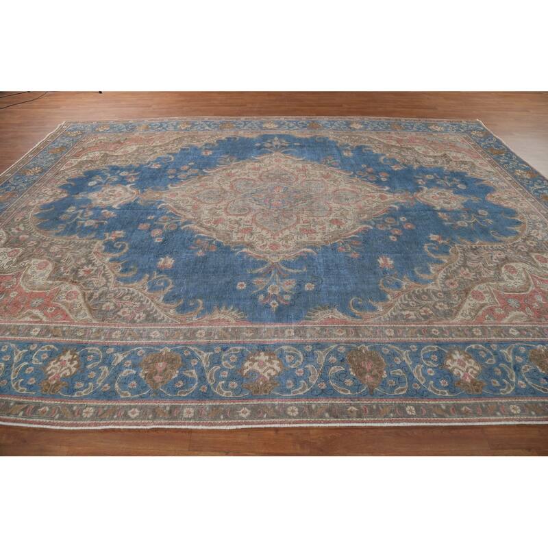 Distressed Tabriz Persian Vintage Rug Hand-Knotted Blue Wool Carpet - 10'0"x 13'4"