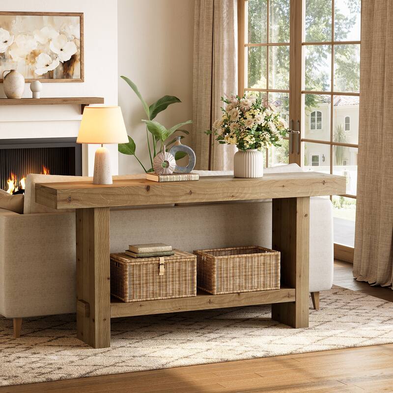 63'' Solid Wood Console Table with Shelf, 2-Tier Narrow Entryway Table