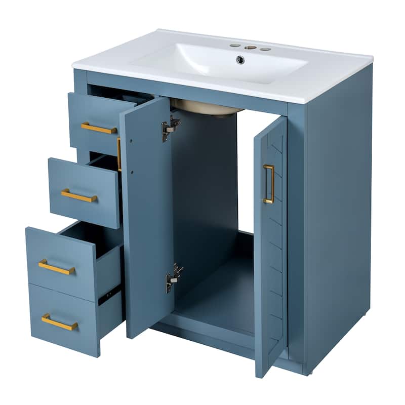 Freestanding Vanity Set, Wooden Bathroom Storage Cabinet, Bathroom Vanity with Ceramic Sink, 3 Drawers & Soft Closing Doors