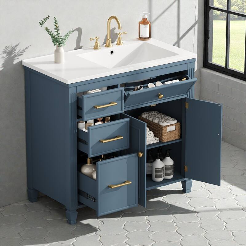 36 Inch Bathroom Vanity with Ceramic Sink, Freestanding Cabinet with Tip-Out Drawer, Side Drawers and Adjustable Shelf