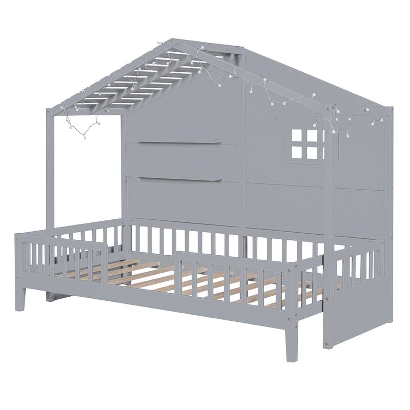 House Bed with Shelves, Window and Sparkling Light Strip on the Roof