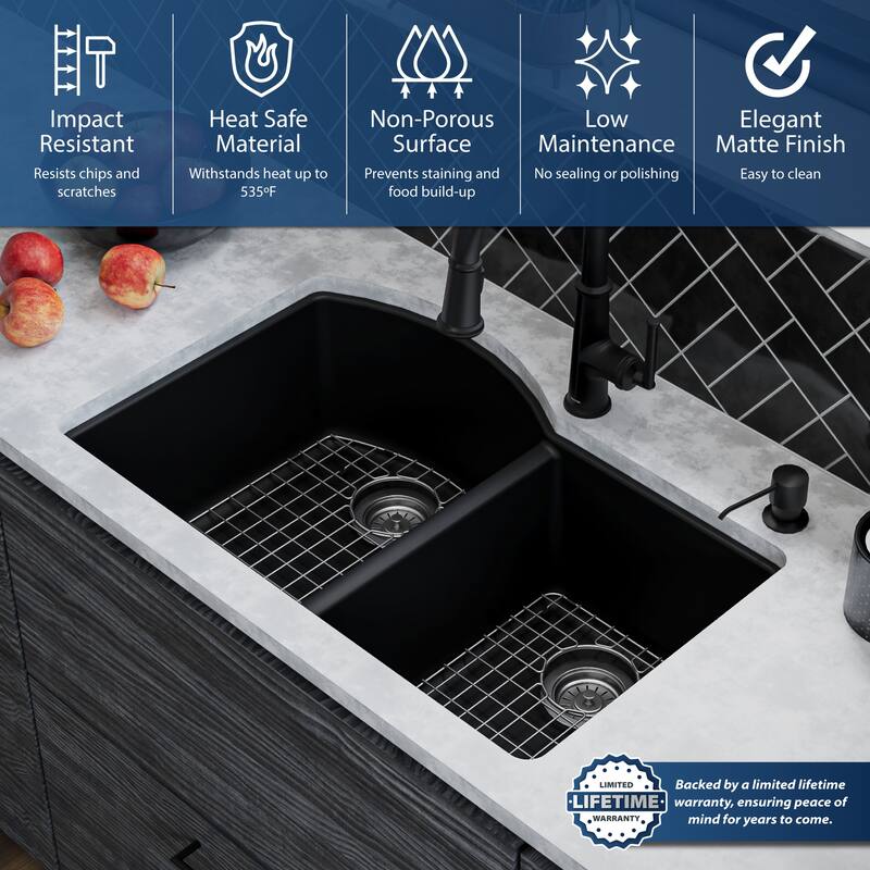 Karran Undermount Quartz 32 in. 60/40 Double Bowl Kitchen Sink Kit