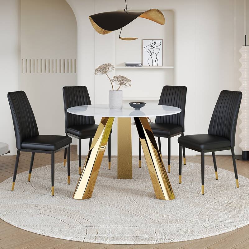 42-inch Round White Scorched Stone Dining Table with Stainless Steel Base & 4-Piece Black PU Chair Set Metal Legs