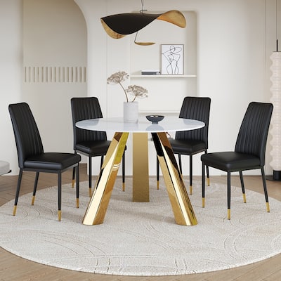 42-inch Round White Scorched Stone Dining Table with Stainless Steel Base & 4-Piece Black PU Chair Set Metal Legs