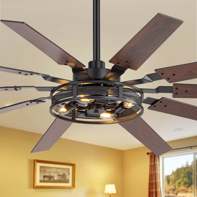 60" Reversible 10-Blade Open-Caged Metal Ceiling Fan with Light and Remote - Remote