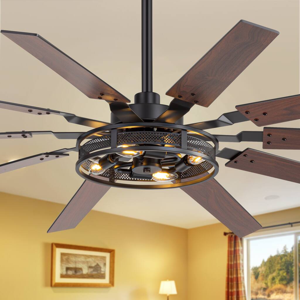 60" Reversible 10-Blade Open-Caged Metal Ceiling Fan with Light and Remote