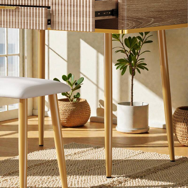 Fluted Vanity Desk with LED Lighted Mirror, 4 Drawers, Jewelry Storage & PU Stool, Modern Makeup Table with Metal Legs