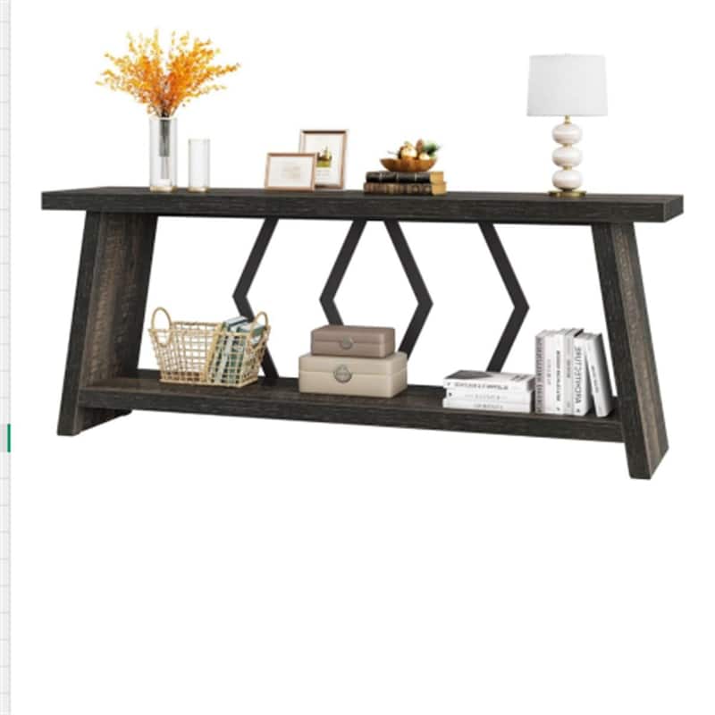Double Decker Sofa Table with Wood Top and Metal Frame 2 Tier Console Entryway Hallway Display Table - 70.86" x 11.81" x 31.50" - Black