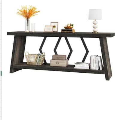 Double Decker Sofa Table with Wood Top and Metal Frame 2 Tier Console Entryway Hallway Display Table - 70.86" x 11.81" x 31.50"
