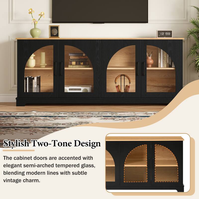 Farmhouse TV Stand for TVs up to 70" with Semi-Arched Glass Doors, Two-Tone Media Console with Adjustable Shelves