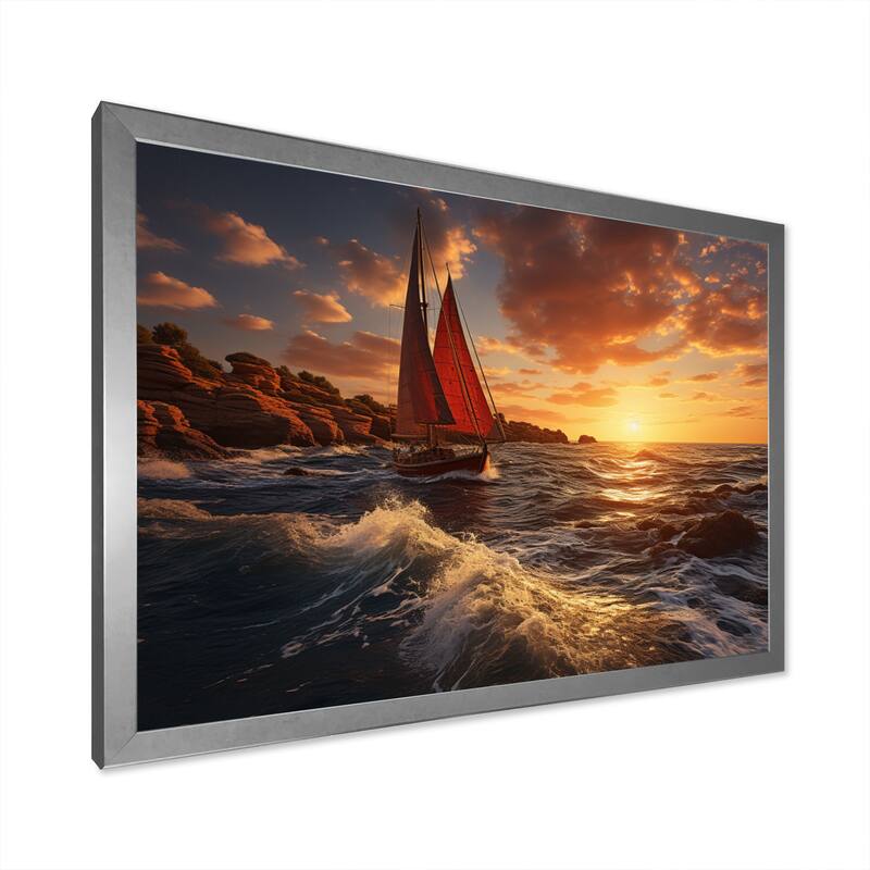 Designart "Spain Sunset Sail I" Nautical & Beach Framed Wall Art Prints
