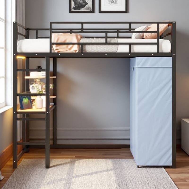 Full Size Metal Loft Bed with Workstation Desk, Built-In Shelves, LED Light Strip, Power Outlet & Hanging Wardrobe Storage - Twin Black - Twin