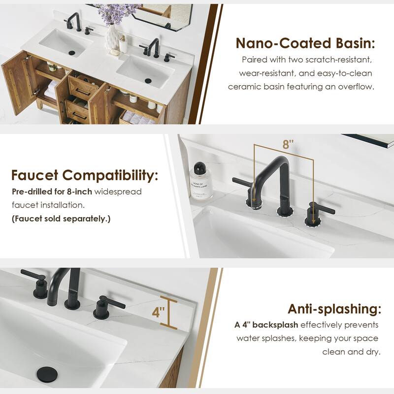 Clara Bathroom Vanity in Weathered Brown with Calacatta Truffle White Quartz Countertop No Mirror
