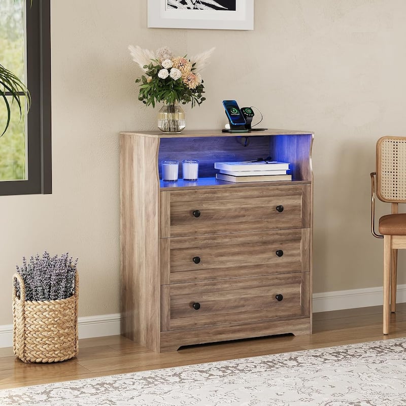 3 Drawer Dresser for Bedroom with Charging Station & LED Lights - Grey