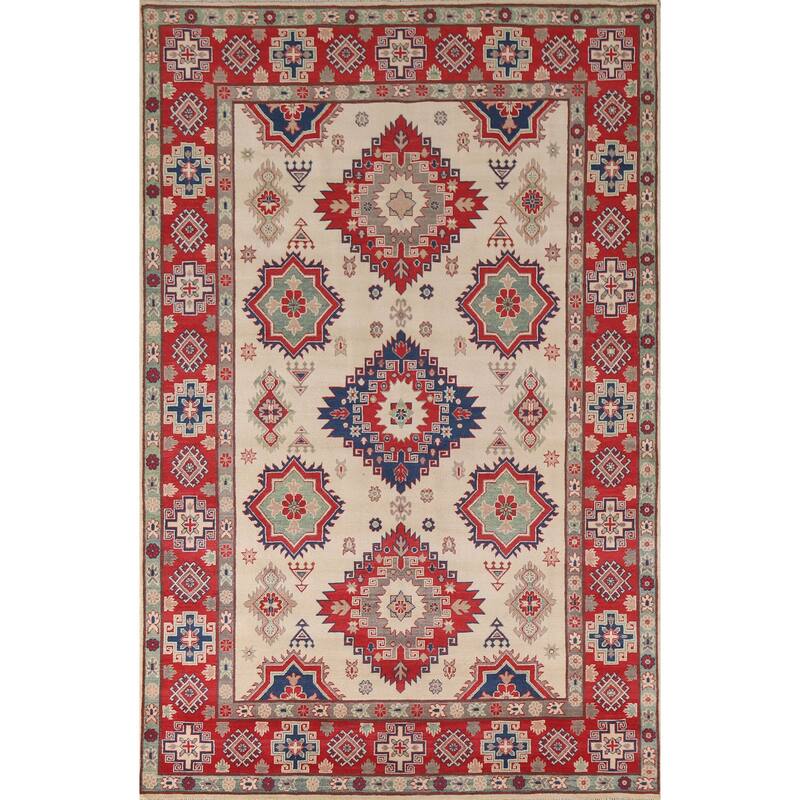 Hand Knotted Oriental 100% Wool Carpet Traditional Geometric Beige & Ivories Kazak Area Rug - 9' 9'' X 6' 8''