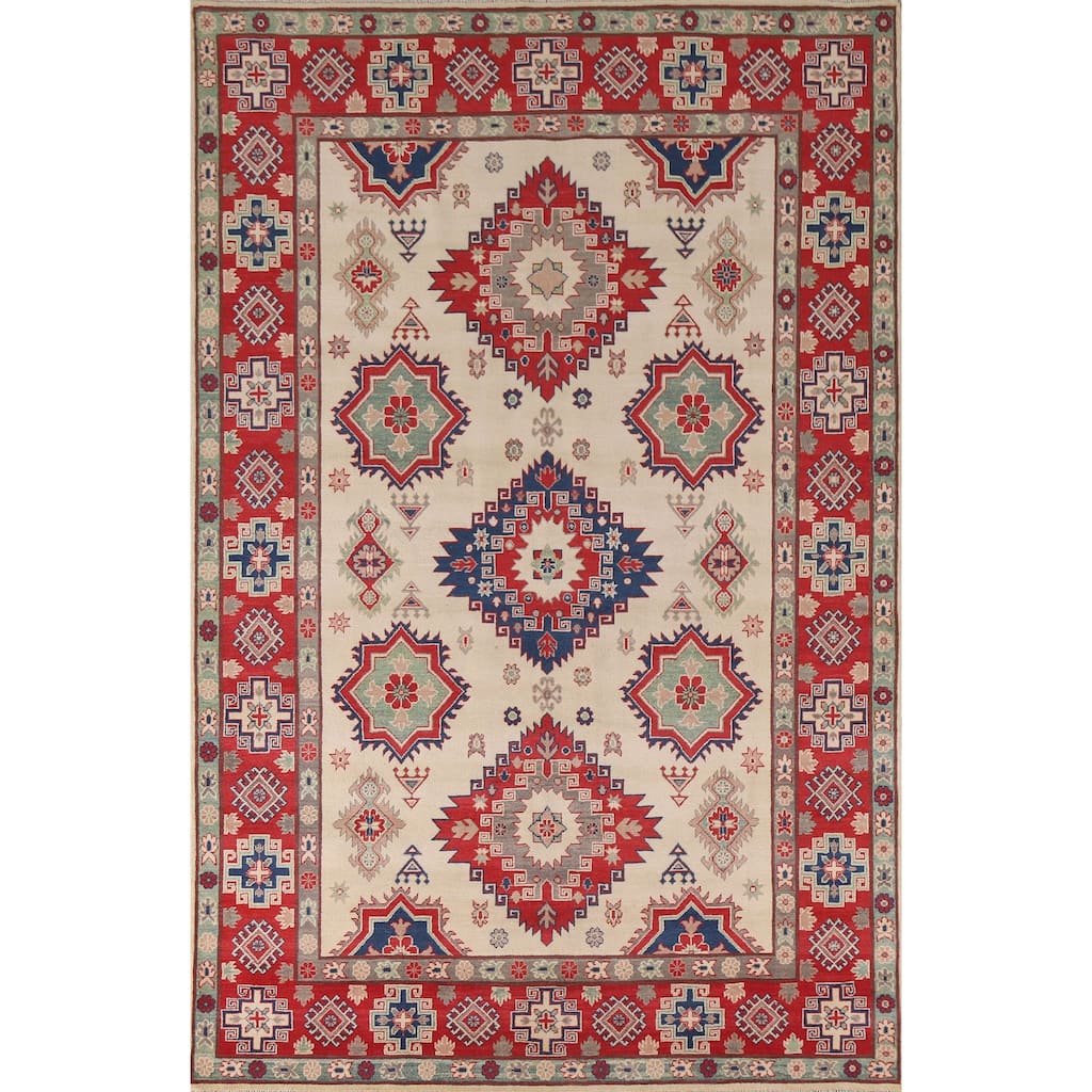 Hand Knotted Oriental 100% Wool Carpet Traditional Geometric Beige & Ivories Kazak Area Rug - 9' 9'' X 6' 8''