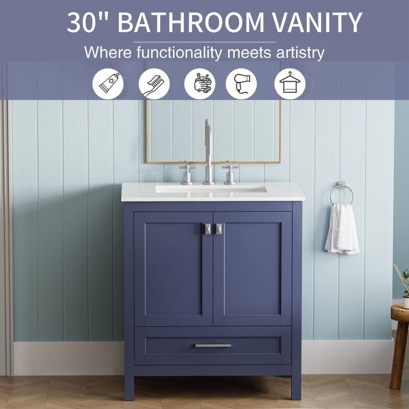 30" Freestanding Bathroom Vanity with Sink, Carrara Engineered Marble Top, Solid Wood Cabinet, Soft Close Doors