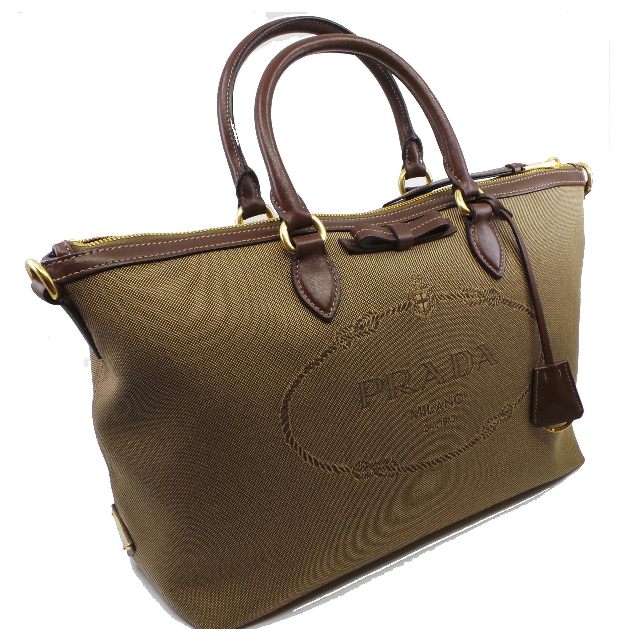 Shop Prada Borsa A Mano Brown Logo Jacquard Top Handle Tote Bag 1ba171 Overstock 29894624