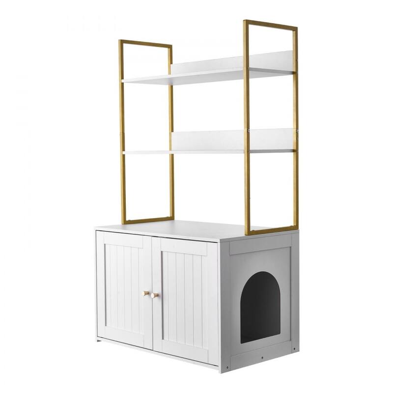 Modern White Cat Litter Box Enclosure with Gold Handles and Dual Door Hidden Cat Cabinet Table - 27.56 x 17.72 x 49.02 in