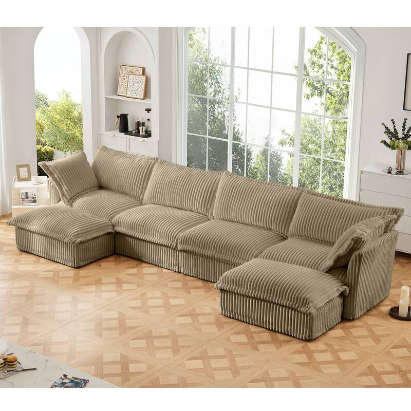 Modern 4 Seater Upholstered Sofa with 2 Ottomans and 2 Pillows