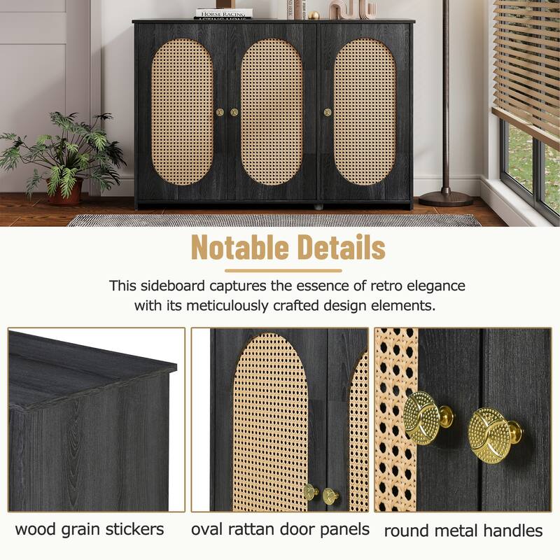 Oval Rattan Doors Black Sideboard with Adjustable Shelves