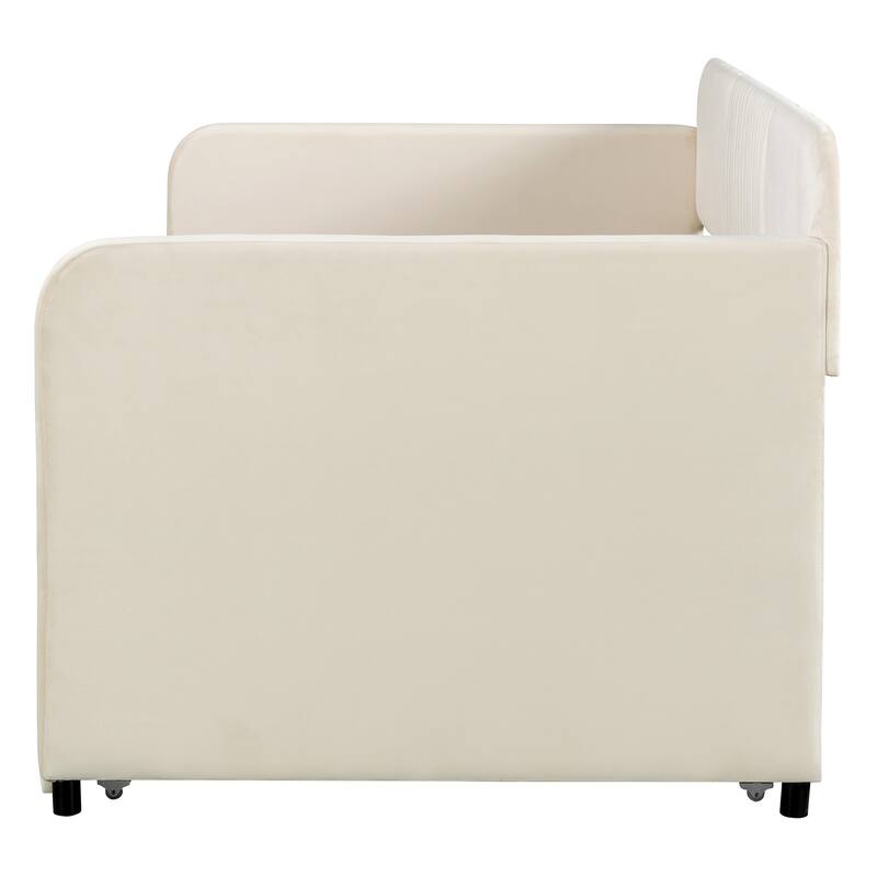 Twin Size Upholstered Daybed Sofa Bed with Trundle and Wood Slat, Light Blue/Beige/Gray