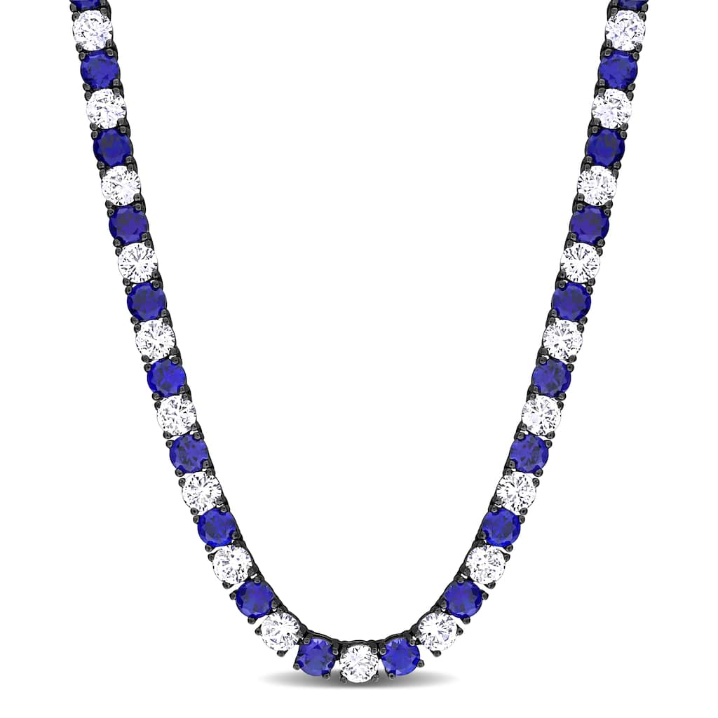 Miadora 40ct Created White & Blue Sapphire Men's Necklace in Black Rhodium Silver