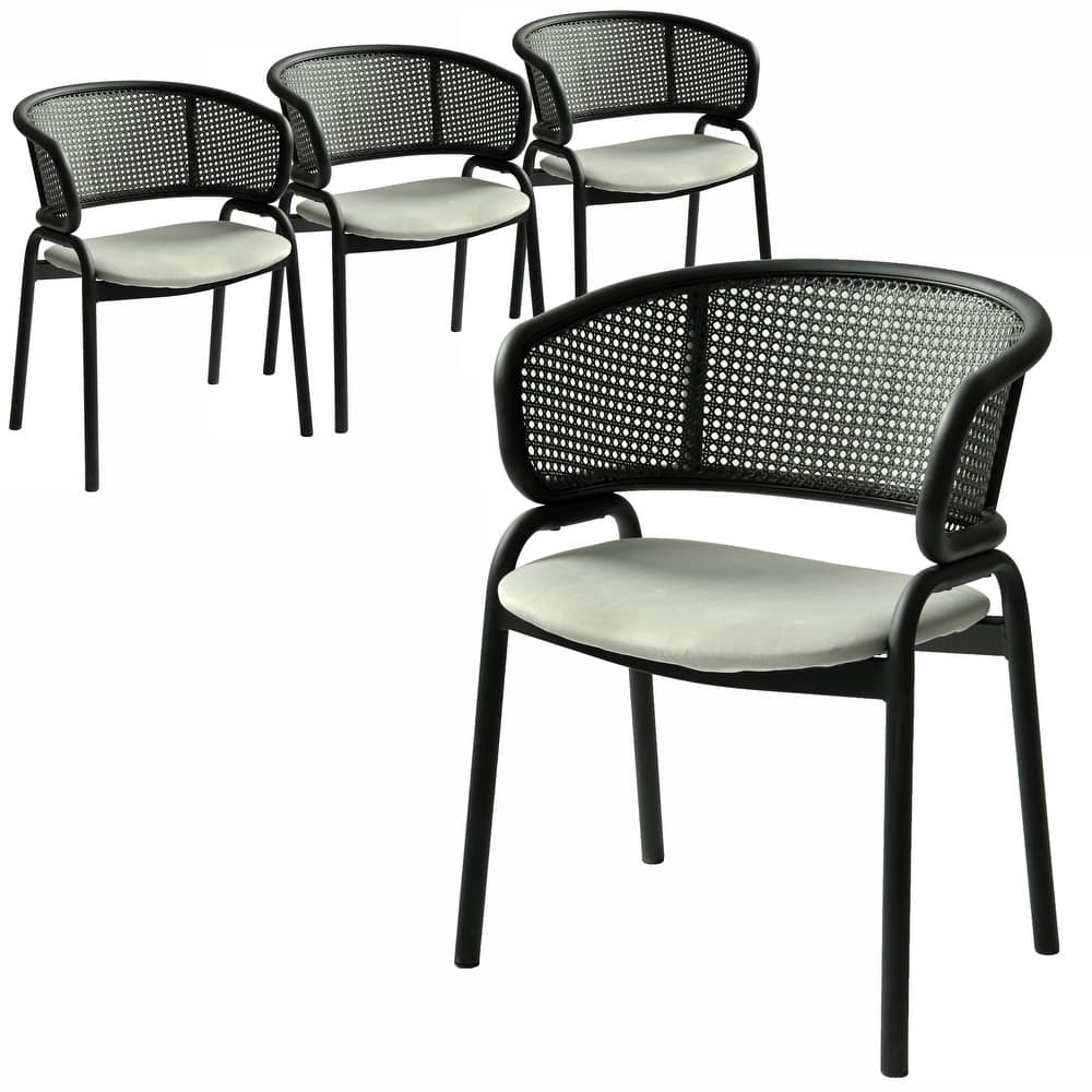 Ervilla Modern Upholstered Accent Side Chair with Wicker Back and Black Iron Legs for Dining Room & Kitchen, Set of 4