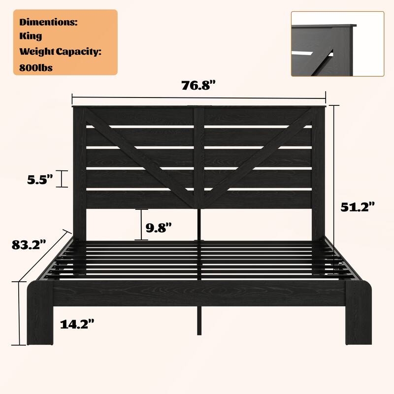 Wood Platform Bed Frame with Large Under Bed Storage