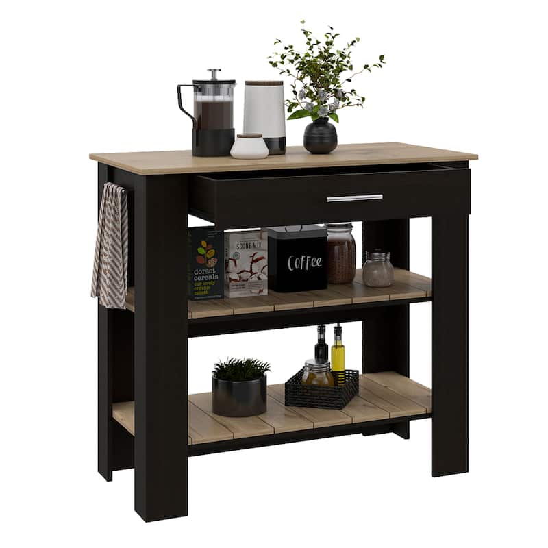 "Modern Kitchen Island with 1 Drawer, 2 Open Shelves, Towel Hanger, 37" High, Black & Light Oak"