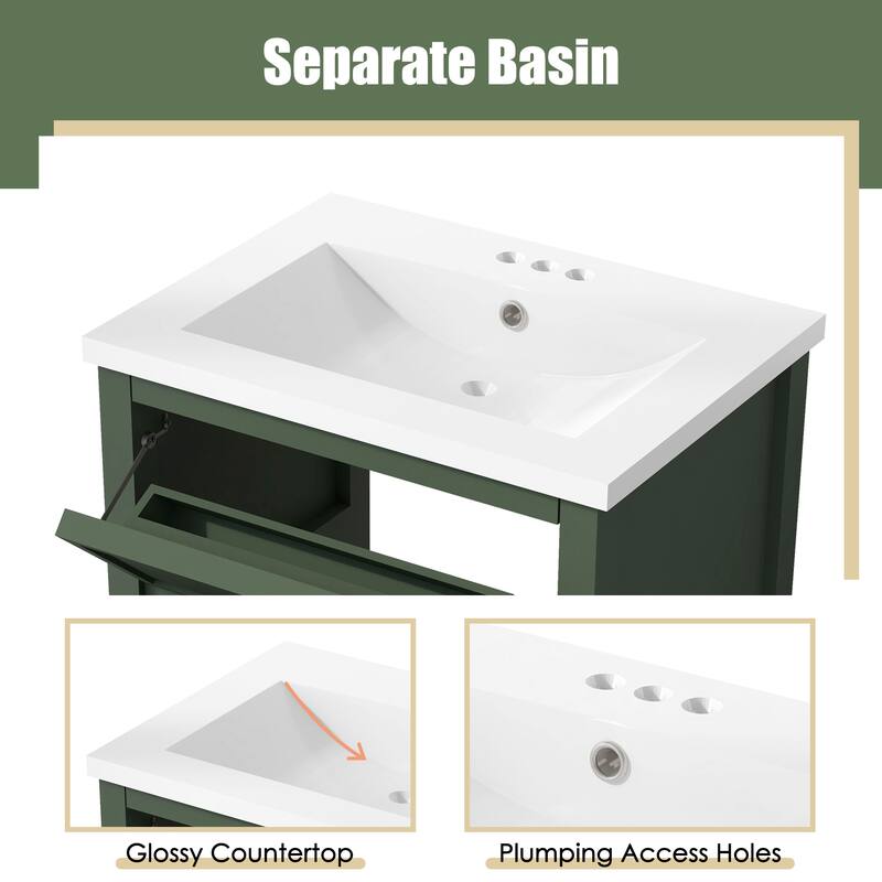 Freestanding Single Sink Storage Cabinet Bathroom Vanity with Tip-out Drawer, U-shaped Drawer, Open Shelf and Gold Metal Handles