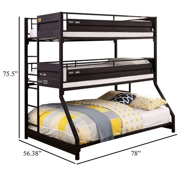 3 Tier Dual Twin over Full Bunk Bed, Metal Modern Design, Black