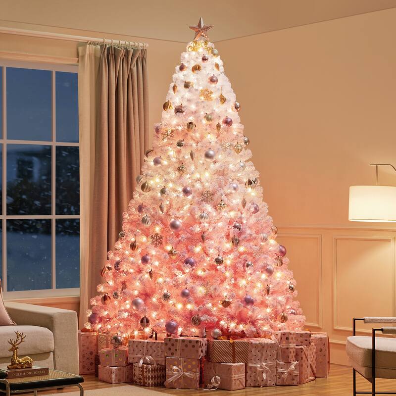 Yaheetech 9ft Pre-lit Flocked Artificial Christmas Tree with 900 Incandescent Warm White Lights & 2084 Tips - Pink Gradient