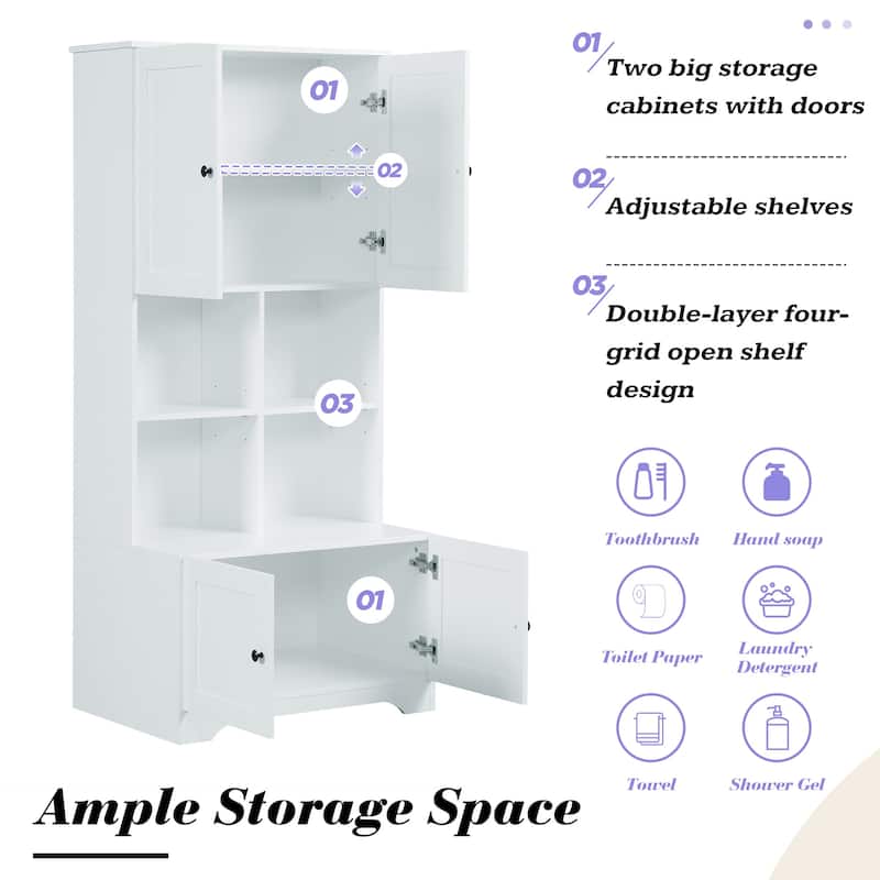Large Bathroom Floor Standing Storage Cabinet with Open Level Shelves Bathroom Storage Units, 4 Doors Freestanding Cabinet