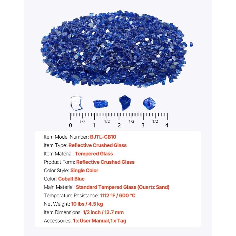 Cobalt Blue Tempered Crushed Glass Fire Pit Glass Rocks 10 lbs. Heatproof - 1/2 inch