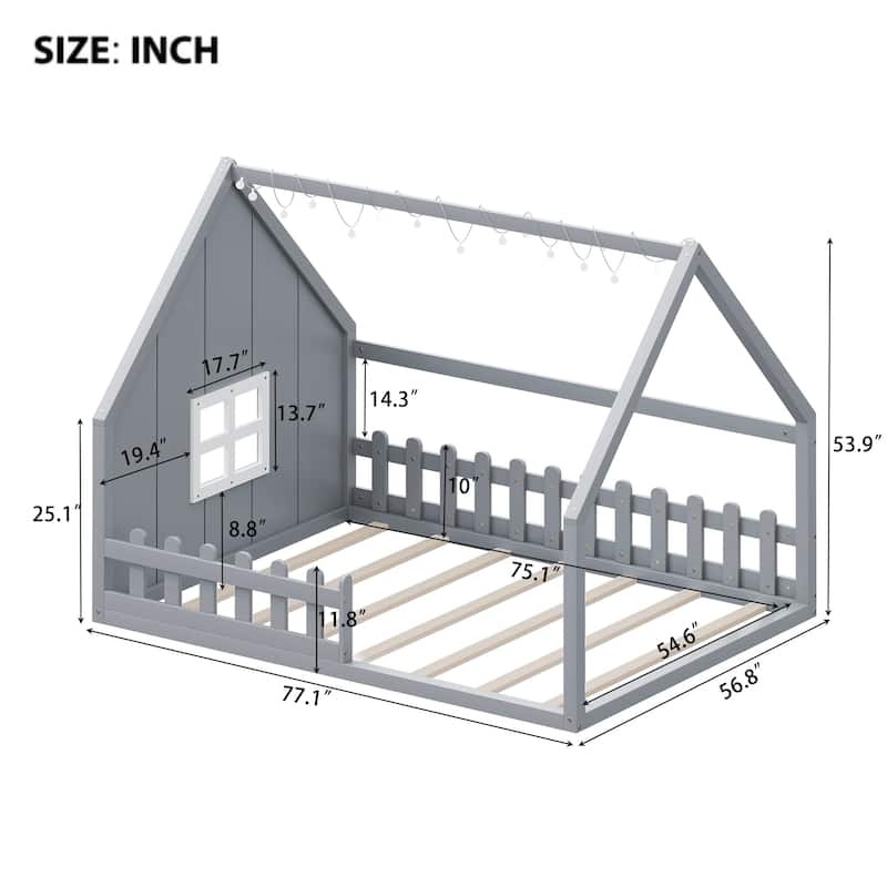 Full Size Wood House Bed with Window, Fence and LED Lights, Rustic Kids Floor Bed Frame
